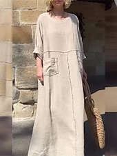preiswerte Hemden-Woman&#039;s Maxi-Kleid Sommerkleid Leinen Lässig Täglich Regulär Passform Grafik Einfarbig Lange Ärmel Rundhals Schwarz Rot Blau Beige Sommer