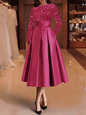 economico Abiti da cocktail-Abiti da cocktail A-line in paillettes elegante abito invitata a matrimonio lunghezza tè maniche lunghe scollo a gioiello in raso con pieghe abiti Derby 2025