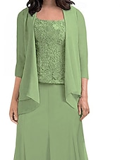 abordables Longueur du plancher-Ensembles de Robes Robe de Mère de Mariée  Élégant Simple Col carré Longueur thé Polyester Manche 3/4 avec Couleur Unie 2025