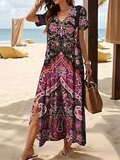 abordables Robes Boho-Femmes Robe Midi Robe d&#039;Été Robe trapèze Robe d&#039;été Vacances Occasionnel Coupe Ample Fleuri Graphique Vintage Manche Courte Col en V Jaune Rouge Bleu Violet Été Printemps Automne