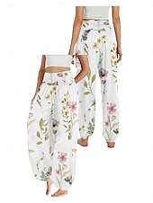 billiga Grafisk linnebyxa i bomull-Dam Linneinspirerade byxor Brett skaft Byxor Etnisk Stil Ledigt Boho Fullängd Hög midja Blommig Ficka Elastisk midja Tryck Mateial som andas Mjuk Microelastisk Utomhus Yoga Vit Ljusgrön Rosa Marinblå