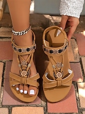 economico Infradito da Vacanza-sandali piatti con perline floreali in stile bohémien da donna – sandali gladiatore slip-on in stile etnico per gite in spiaggia e vacanze estive