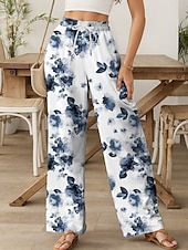 abordables jambe large et taille haute-Femmes Jambe large Chinos Pantalons Amples Vacances ancien Mode Longueur complète Taille haute Fleuri Graphique Cordon de serrage Impression Respirant Doux Micro-Élastique Vacances Rue Décontracté