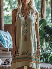 preiswerte bedruckte Kleider aus Baumwolle und Leinen-Damen Boho Kleid Mini Kleid A-Line Kleid Slip Kleid Urlaub Lässig Boho Outdoor Ausgehen Strand Lockere Passform Floral Grafik Ärmellos V-Ausschnitt See Blau Blau Grün Khaki Sommer Frühling