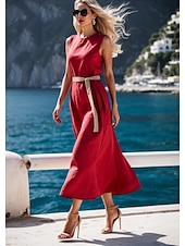 olcso Nyári ruhák-Női Midi ruha Swing ruha nyári ruha Elegáns Napi Alkalmi Normál Tiszta szín Ujjatlan Terített nyak Fehér Rubin Sötétkék Világoskék Nyár