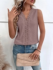 levne Krajkové topy-Dámské bílé elegantní krajkové topy, halenka s očky, sexy, bez rukávů, květinový vzor, poloprůhledný, čtvercový výstřih, vroubkovaný lem, módní, slim fit, rande, ležérní, párty, romantické, drobné topy, léto, sváteční oblečení