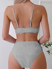 billiga Bikiniset-Kvinnors baddräkter bikini 2-delad tärnande baddräkt rygglös semester strandkläder randig V-hals ärmlös baddräkter