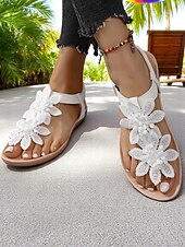 preiswerte Urlaubsandalen-weiße, flache Sandalen mit Blumenmuster für Damen – Spitzenblumendesign mit elastischem Riemen an der Rückseite für Sommerhochzeiten am Strand und lässige Tagesoutfits
