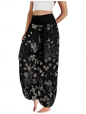 economico Pantaloni in cotone e lino con grafica-Per donna Pantaloni ispirati al lino Gamba larga Pantaloni Stile Etnico Casual Boho Lunghezza intera Vita Alta Floreale Foglia Tropicale Tasca Elastico in vita Stampa Traspirabilità Morbido