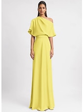 economico GIALLO-Abito da Sera A-Line Giallo Abito Elegante Formale Lunghezza PAVIMENTO Manica 3/4 Spalla Unica Con Tasche Stretch Crepe con Plissettature