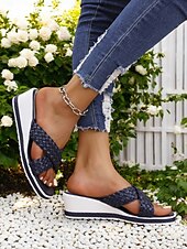 billige Uformelle sandaler-kvinners vevde sandaler med kile – uformelle sandaler med kryssreim med åpen tå for sommer og ferie