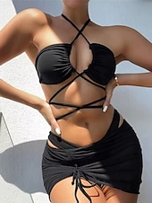 olcso 3 részes bikini szett-Női Fürdőruha Bikini Három darab Fürdőruha Kivágott Tropikus Strandruházat Sima Kötőfék nyaka Ujjatlan Fürdőruhák