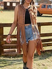 cheap Boho Tops-Women&#039;s Blouse Plain Modern Boho Sleeveless Crew Neck Long Tops Daily Holiday Fringe Black Brown Summer