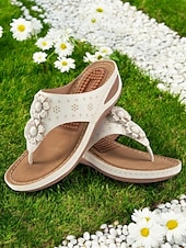 tanie Wygodne sandały-damskie sandały na koturnie z wkładką masującą – kwiatowe, boho japonki na co dzień, na lato, na plażę i na zewnątrz