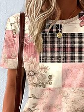 tanie T-shirt boho-Damskie Podkoszulek Kwiaty Graficzny Geometryczny Codzienny Krótki rękaw Półgolf Okrągły dekolt Zwykłe topy Codzienny Nadruk Rumiany róż Lato