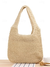 voordelige Handtas &amp; Draagtassen-dames handgemaakte geweven stro schoudertas - grote boho strandtas voor zomerreizen, vakantie en casual outfits bruin beige
