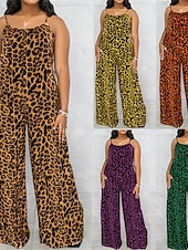 olcso Grafikus pamut vászonnadrág-Női Szabályos Jumpsuitek Utcai sikk Leopárd Ujjatlan U-alakú Zseb Utca Napi Normál Sárga Sötétkék Bíbor Nyár