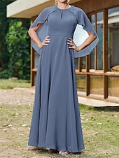 cheap Floor Length-Cape Dress A-Line Mother of the Bride Dress Elegant Simple Wedding Guest Dress Minimalist Crew Neck Floor Length Chiffon Beaded Lace Short Sleeve with Lace Beading