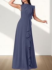baratos Vestidos para Madrinhas-Vestido de dama de honra em corte A, decote redondo, sem mangas, elegante, longo, chiffon com babados / franzido 2025