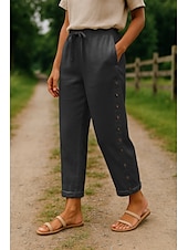 abordables Pantalon uni en coton et lin-Femmes Pantalon en coton et lin Confort Longueur complète Taille haute Uni Avec Poches Ceinture Élastique Confortable Extérieur Rue Tenue quotidienne Sortir Noir Blanche Bleu Kaki Été Coupe régulière
