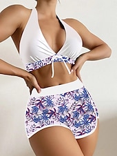 preiswerte Bikini-Sets-Womens Badeanzüge Bikini 2 Teile Shorts Badeanzug Rückenfrei Schlank Urlaub Strandmode Floral Halterhals Ärmellos Badeanzüge