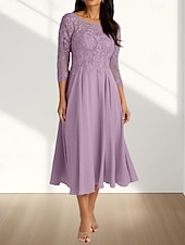 abordables Longueur du thé-Robe Mère de la Mariée A-Line Invité de Mariage Élégante Col Arrondi Longueur Thé Chiffon Manches 3/4 avec Plis Appliques Robe Midi 2025