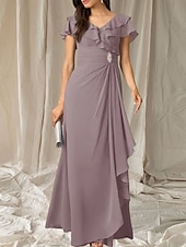 abordables Robes pour invitées de mariage-Robes de fête pour invité de mariage A-Line robe élégante longueur de sol à manches courtes décolletée en V en chiffon avec plis et volants