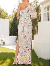 abordables FLORALES-Robe de soirée en dentelle ornée de sequins haute fente invitée de mariage longueur de sol manches courtes épaule unique en dentelle avec fente froncée