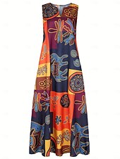 billiga Boho klänningar-Dam Maxiklänning A linjeklänning Sommarklänning Semester Ledigt Boho Dagligen Helgdag Lös passning Blommig Grafisk Färgblock Ärmlös V-hals Rubinrött Orange Sommar