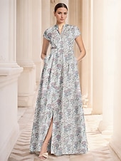 levne Šaty na večer ve tvaru A-Jacquard A-line večerní šaty elegantní šaty formální svatební délka po zemi krátký rukáv košilový límec nylon s rozparkem kapsou svatební host šaty