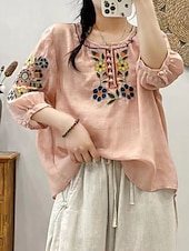 abordables Tops Boho pour Femmes-Femmes Chemise Fleuri Élégant Occasionnel Manche 3/4 Col ras du cou Hauts Réguliers Quotidien Broderie Vert Claire Rose Claire Fuchsia Abricot Bleu clair Été Printemps