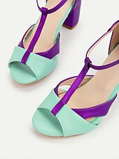 abordables Années 1950-Sandales à talons épais vert menthe et violet pour femmes, avec brides en T – Chaussures habillées de style rétro des années 1950 pour des événements d&#039;été élégants