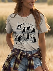 abordables T-shirt Animaux-Femmes T-shirt Graphique Animal Chat ancien Élégant Classique Manche Courte Col ras du cou Col rond Hauts Réguliers Quotidien Week-end Imprimé Noir Blanche Rose Claire Bleu Vert Été Printemps