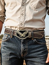cheap Men&#039;s Belts-Men&#039;s Western Style Leather Belt with Eagle Buckle – Vintage Embossed Design with Rivets, Ideal for Casual and Country Wear