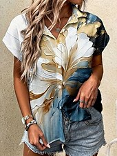 billige Blomstrete topper-Dame Skjorte Blomstret Grafisk sparkly Årgang Tropisk Daglig Ermeløs Kortermet Kappeerme Skjortekrage Lange topper Daglig Dusty Blue Gull Sommer Vår