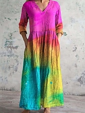preiswerte Ausgefallene Kleider-Damen Langes Kleid Maxikleid Freizeitkleid Sommerkleid Boho-Kleid Mode Urlaub Täglich Wochenende Normale Passform Blumen Grafik Langarm V Ausschnitt Gelb Grün Khaki Regenbogen Sommer