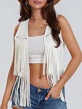 cheap Boho Tops-Women&#039;s Blouse Plain Active Modern Sleeveless V Neck Regular Tops Daily Holiday Fringe Black White Yellow Army Green Red Summer