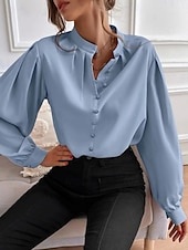 cheap Plain Tops-Women&#039;s Shirt Solid Color Floral Stylish Basic Casual Long Sleeve Shirt Collar Regular Tops Daily Buttons Black White Blue Khaki Summer Spring