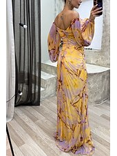 abordables Vestidos florales elegantes-Mujer vestido largo vestido largo Vestido de Fiesta Vestido Cóctel Vestido de flores Moda Fiesta de Noche Fiesta Cita Ajuste regular Flor Manga Larga Escote en Pico Azul Piscina Amarillo Vino Verde