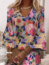 economico Abiti floreali-Per donna Mini Abito Vestito Estivo Abito a trapezio Vacanza Casual Uscire Spiaggia Vestibilità standard Floreale Grafico Manica 3/4 Scollo a V Fucsia Estate Primavera