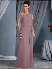 abordables Longueur du plancher-Robe Mère de la mariée A-Line invitée de mariage grande taille Col bateau Longueur maxi Chiffon Dentelle Manche demi avec appliques drapées robe à impressionner 2025 taille personnalisée gratuite