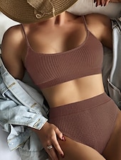 abordables Ensemble de bikinis-Femmes Maillots de Bain Bikini 2 pièces Maillot de bain Dos nu Tropical Tenues de plage Uni Col en U Sans manches Maillots de bain