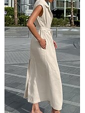 abordables concevoir des robes en coton et lin-Femmes Robe Midi Robe Chemise Robe en coton et lin Moderne Quotidien Sortir Week-end Coupe régulière Uni Sans manches Col de chemise Kaki Été