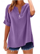 voordelige Overhemden-Dames Blouse Effen Basic Casual Korte mouw Gekerfde nek Normale tops Dagelijks Knop Zak Rood blauw Paars Beige Zomer Lente