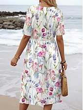 abordables Robe Fleurie-Femmes Robe Midi Robe d&#039;été Robe Plissée Vacances Occasionnel Chaussures de plage Quotidien Fête Coupe régulière Fleuri Graphique Manche Courte Col ras du cou Blanche Rouge Bleu Vert Été