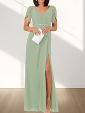 cheap Wedding Guest Dresses-A-Line Wedding Guest Dresses Elegant Dress Wedding Guest Engagement Floor Length Short Sleeve V Neck Chiffon with Ruched Beading Slit