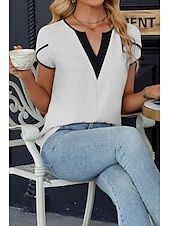 abordables Hauts Unis pour Femmes-Femmes Chemisier Bloc de Couleur Moderne Occasionnel Manche Courte Col en V Hauts Réguliers Fête Sortir Patchwork Noir Blanche Vert Abricot Été