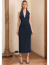 levne Koktejlové šaty-Tuxedo Šaty Přiléhavé  Sloupec Koktejlové Šaty Elegantní Poloneformální Svatební Čajová Délka Bez Rukávu V Krku Stretch Krepa