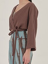 billige Skjorter-Dame Linskjorte Bluse عادي Fritid Langermet V-hals Crop Tops Daglig Ut på byen knyte foran Hvit Gul Brun Sommer
