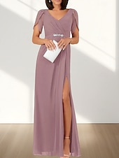 cheap Wedding Guest Dresses-A-Line Wedding Guest Dresses Elegant Dress Wedding Guest Engagement Floor Length Short Sleeve V Neck Chiffon with Ruched Beading Slit